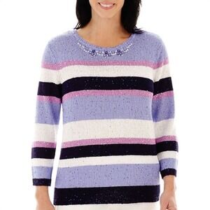 Alfred Dunner Women Blue Striped Sequin Embellished Knit Sweater Size L